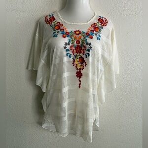 Dor Dor Couture Embroidered Dolman Sleeve Artsy Blouse Top White M